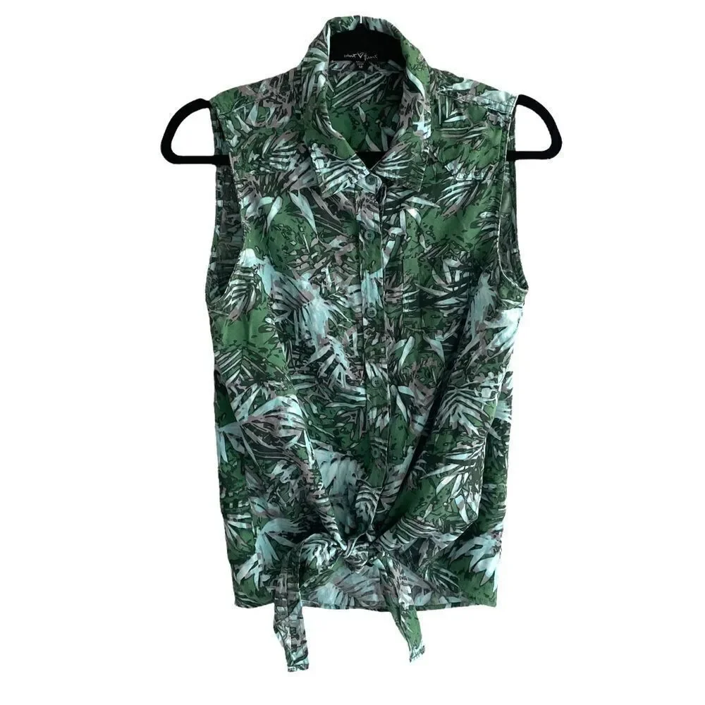 VELVET HEART Sleeveless Tie Front Blouse Tropical Print Green M - Picture 1 of 4